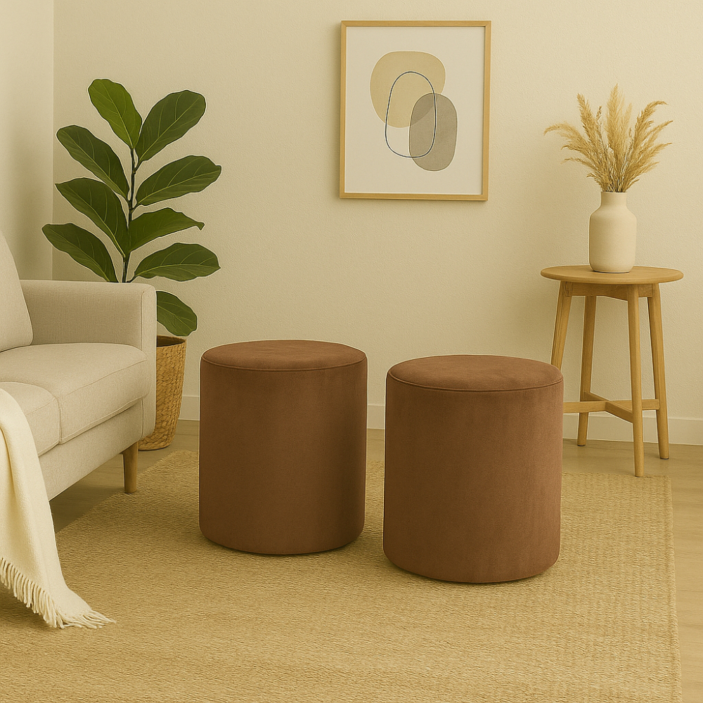 Kit 2 Puffs Redondo Narciso Cilindro Multiuso Retro Sala em Veludo Premium - Casa Viva Decor