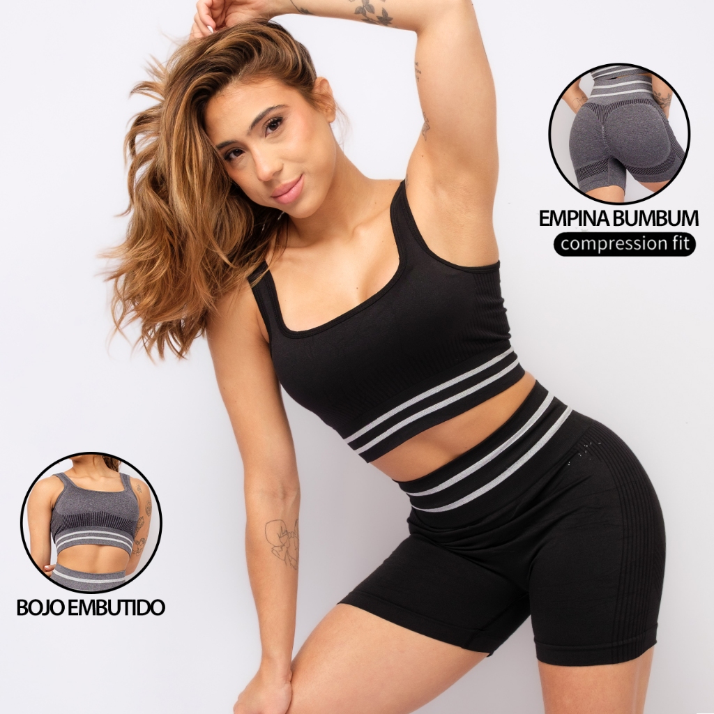 Conjunto FItness Sem Costura Top Sustentação Bojo Embutido Short Cintura Alta Levanta Bumbum Laser em Oferta na Shopee