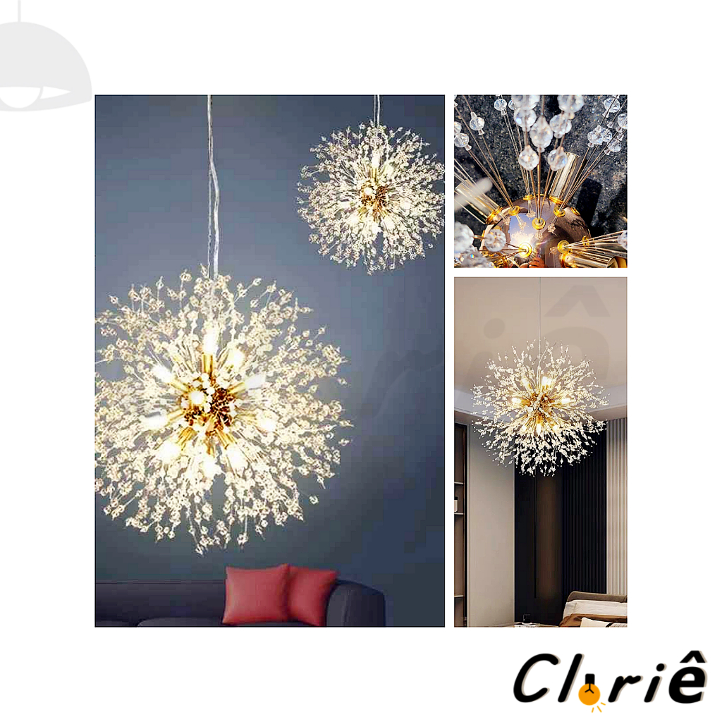 Luminária Pendente Cristal Dente De Leão Leao Com Lâmpada G9 BQ 7W  Lustre Mesa Luxo Luxoso