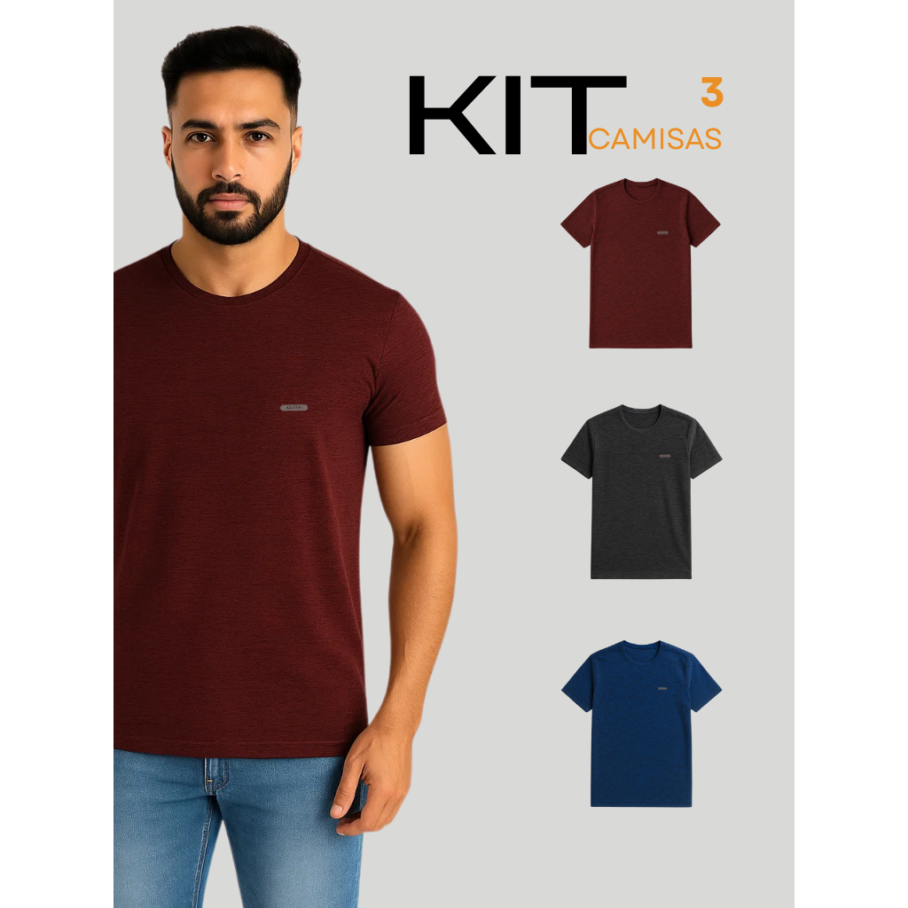 Kit com 3 Camisetas Dry Fit, Poliéster, Academia Treino Esporte, pro dia adia.