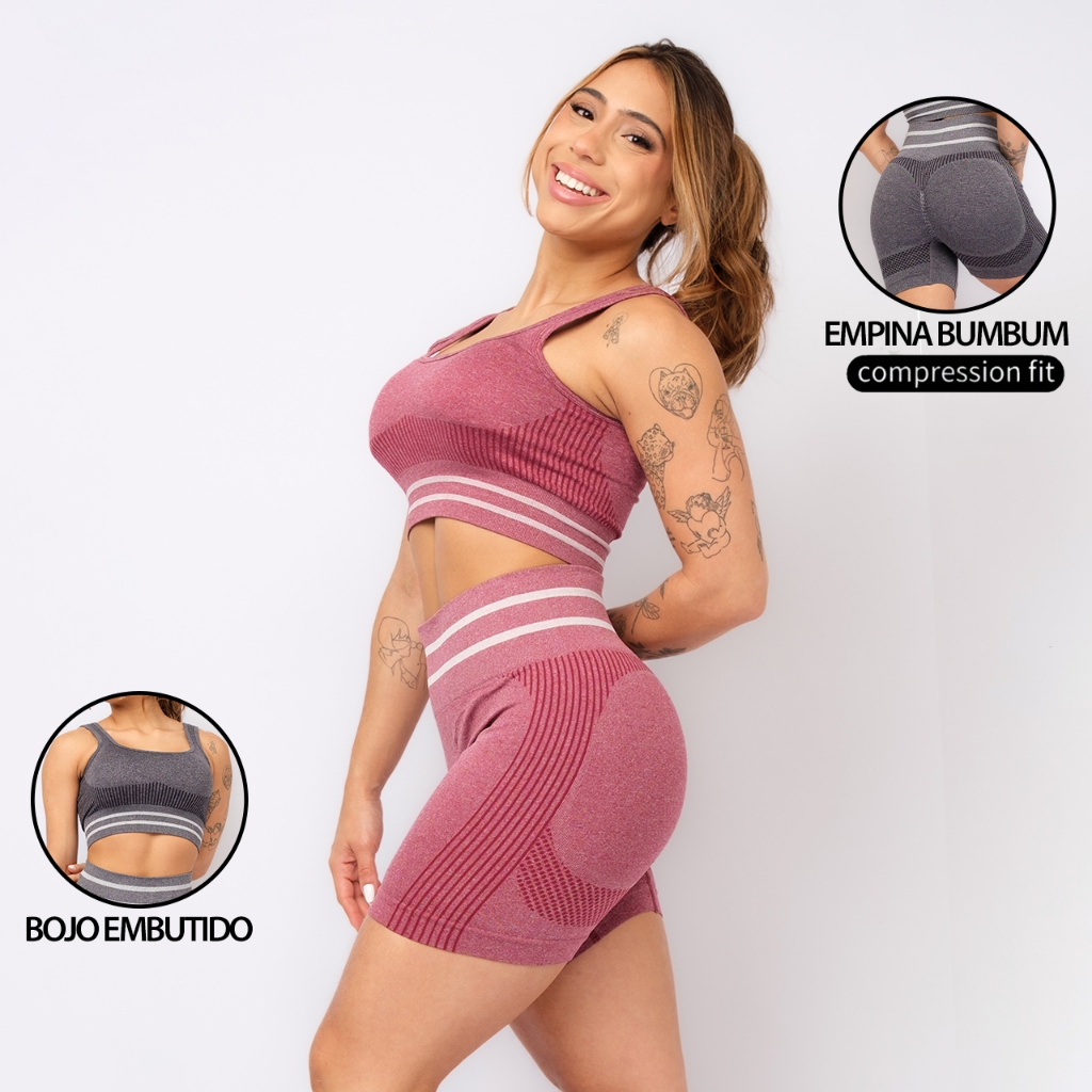 Conjunto FItness Sem Costura Top Sustentação Bojo Embutido Short Cintura Alta Levanta Bumbum Laser em Oferta na Shopee
