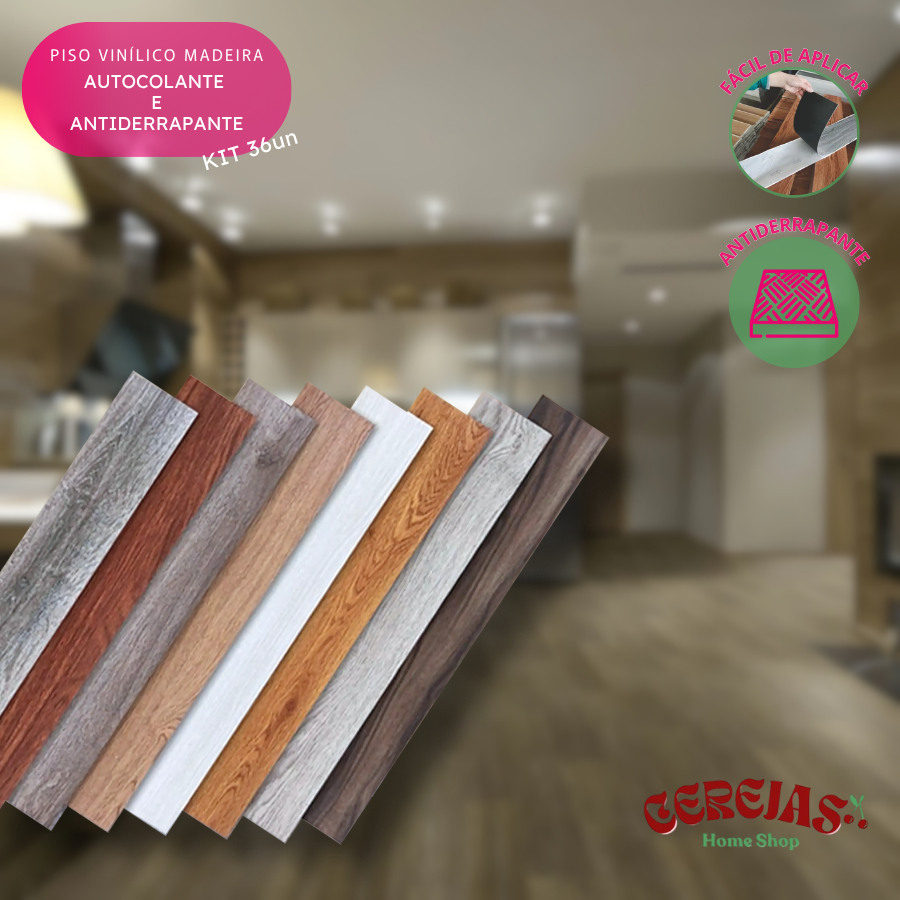 Kit Adesivo de Piso Madeira Moderno Antiderrapante Lavável 91,4x15,2cm Vinílico 1,5mm
