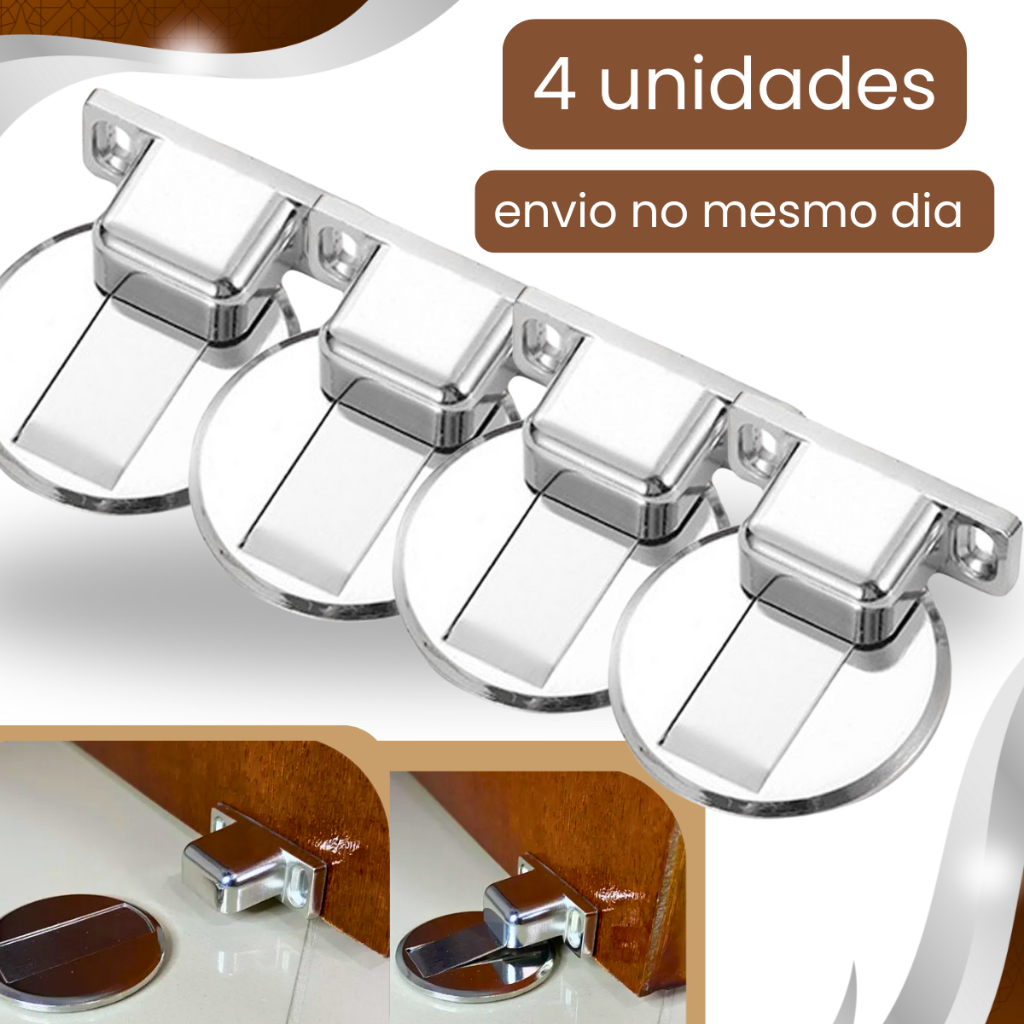 Kit 4 Prendedor Trava Fixador de Porta Magnético Slim Inox Cromado Adesivo