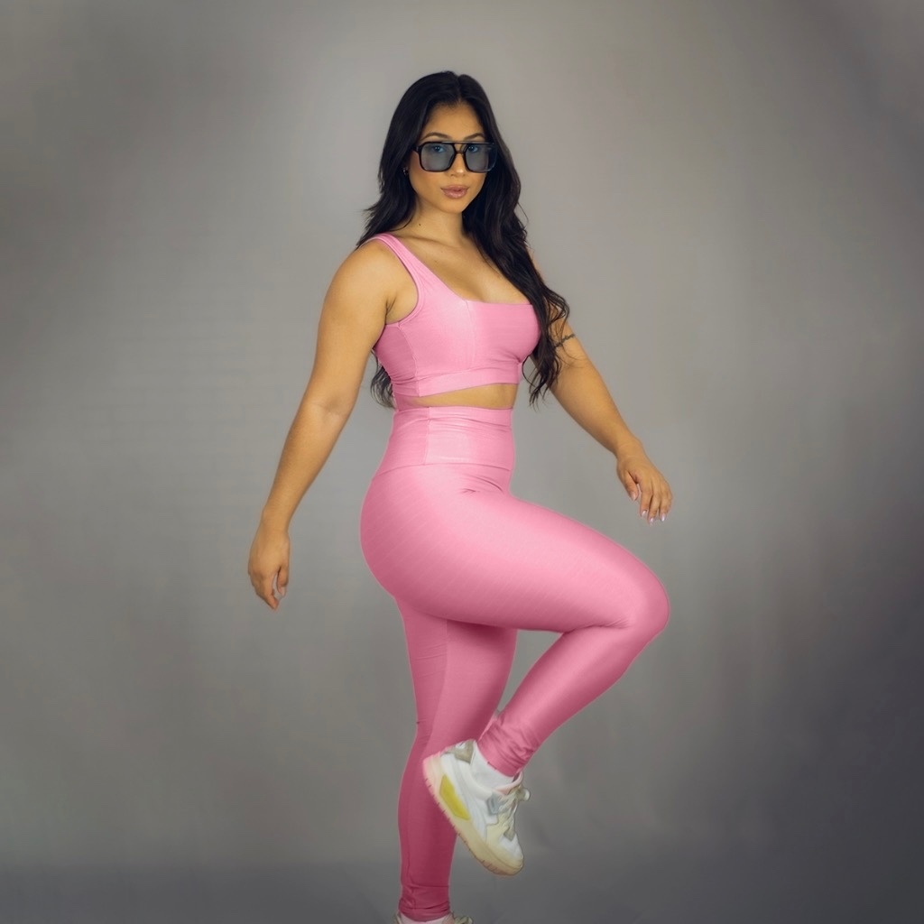 Conjunto Fitness Feminino Top Calça Legging Wonder Canelado