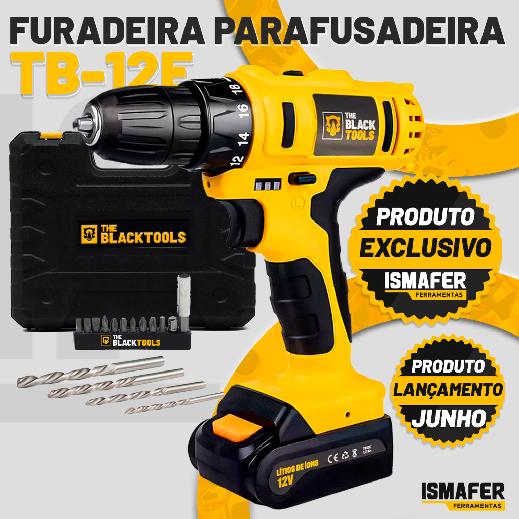 Furadeira E Parafusadeira Bateria 12v 3/8 C/ Brocas E Maleta Bivolt The Black Tools