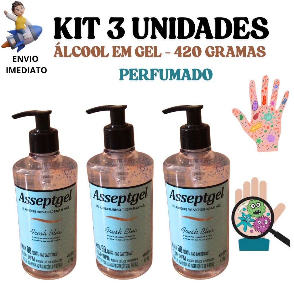 Kit Álcool Em Gel Perfumado Antisséptico Asseptgel Grande 420 Gramas Higienizador Fragância Fresh Blue