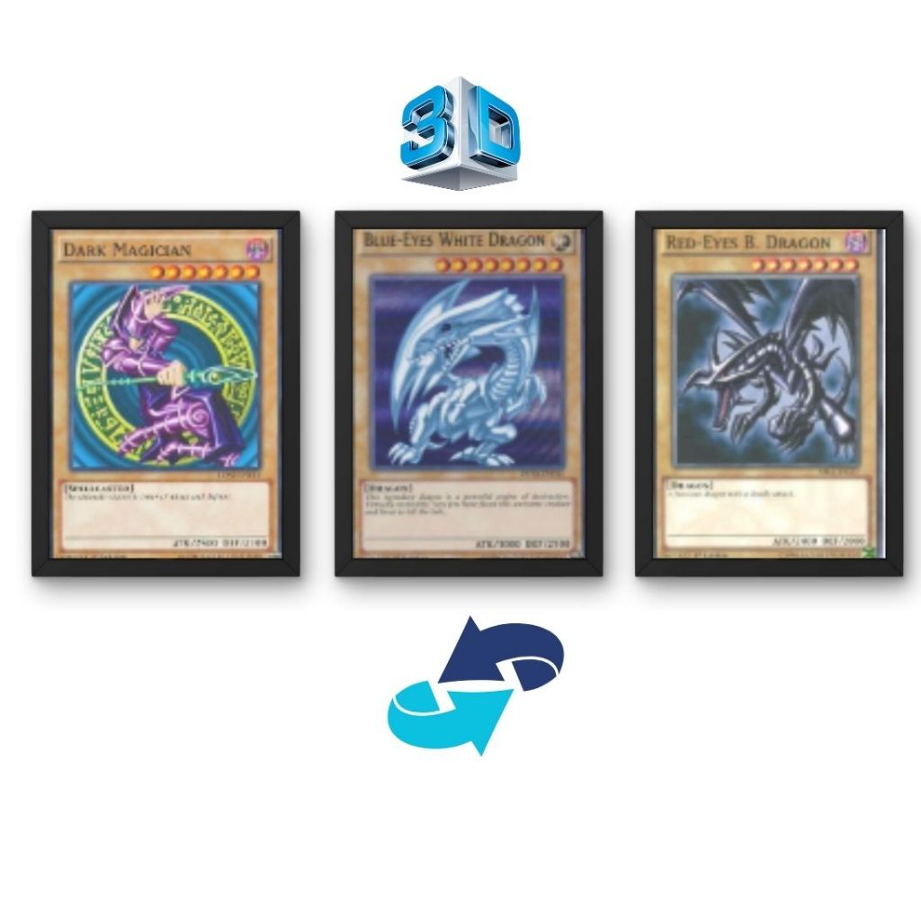 Quadro 3D Card Yu-Gi-Oh! - Mago Negro, Dragão Branco de olhos azuis, Dragão negro de olhos vermelhos