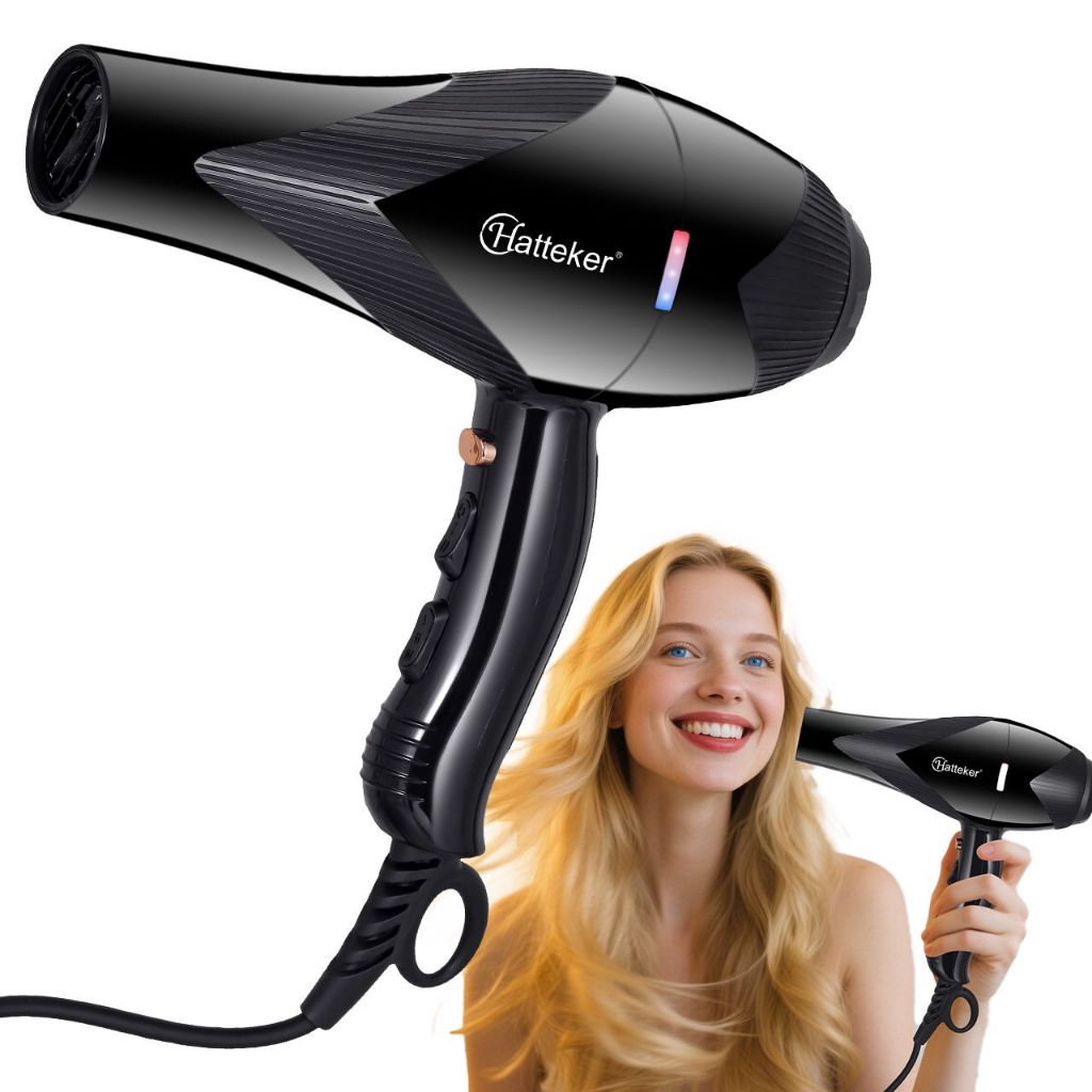 Secador de Cabelo Preto Hatteker  Profissional 2600w - Voltagem 220v 500 Milhões de Ions negativos silencioso