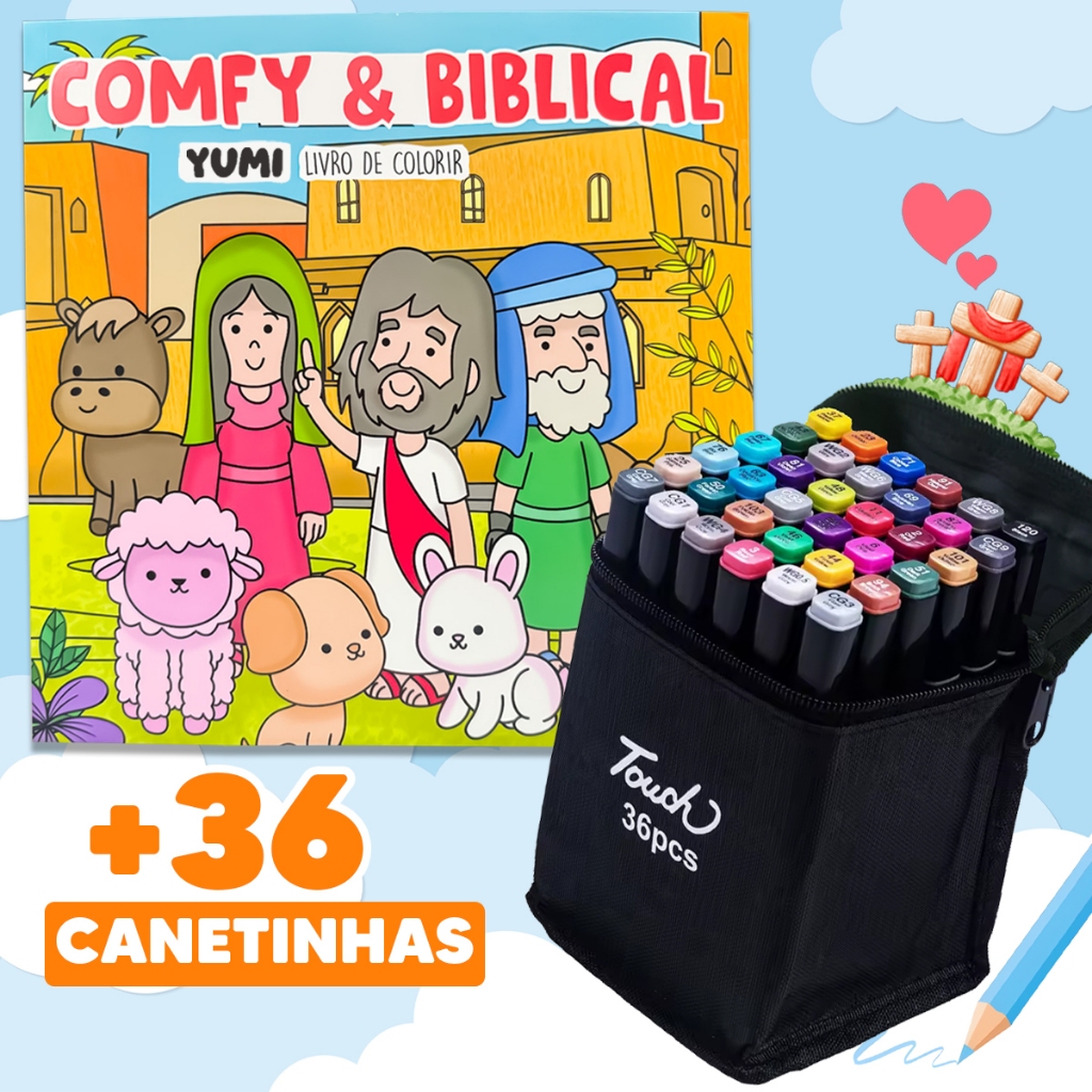 Kit Livro De Colorir Comfy Historias Bíblicas Jesus + 36 Canetinhas Touch Ponta Dupla Para Colorir Goods em Oferta na Shopee