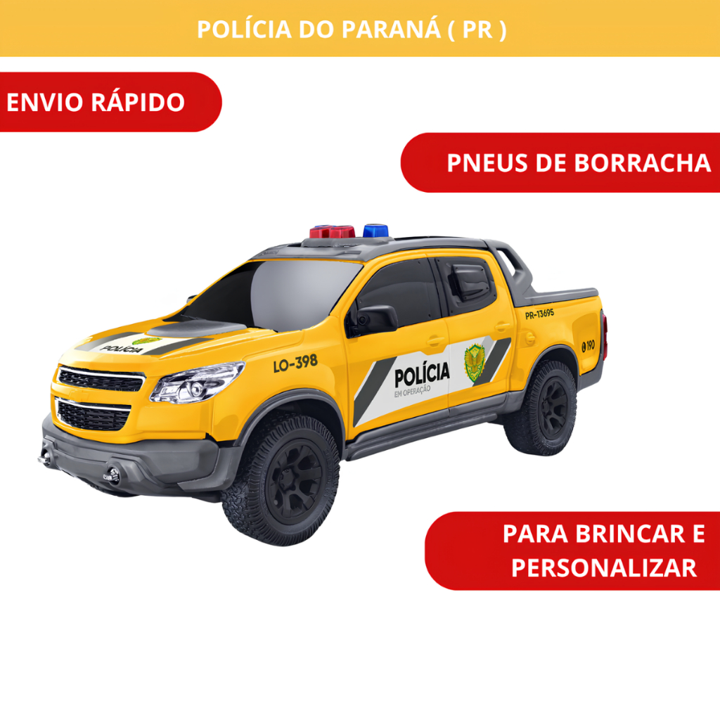 Carrinho Miniatura Pick-Up S10 Policia do Paraná Amarelo Ambiental Para Brincar Personalizar De Criança Menino Menina