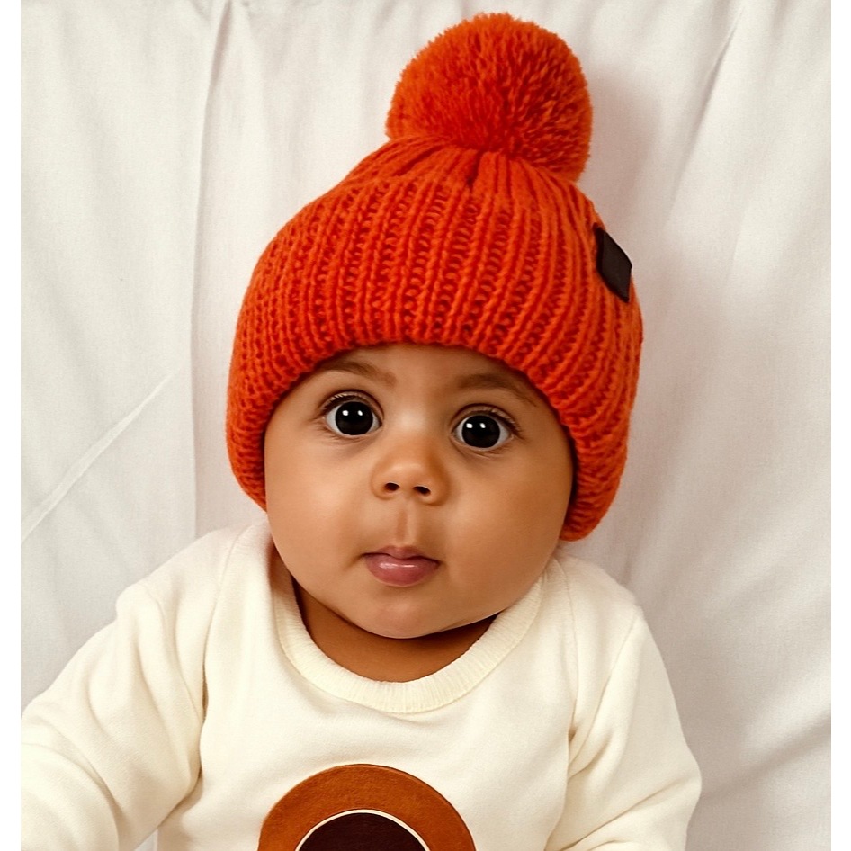 Touca gorro bebe tricô crochê laranja mostarda boho estilosa quente inverno outono calor capuz
