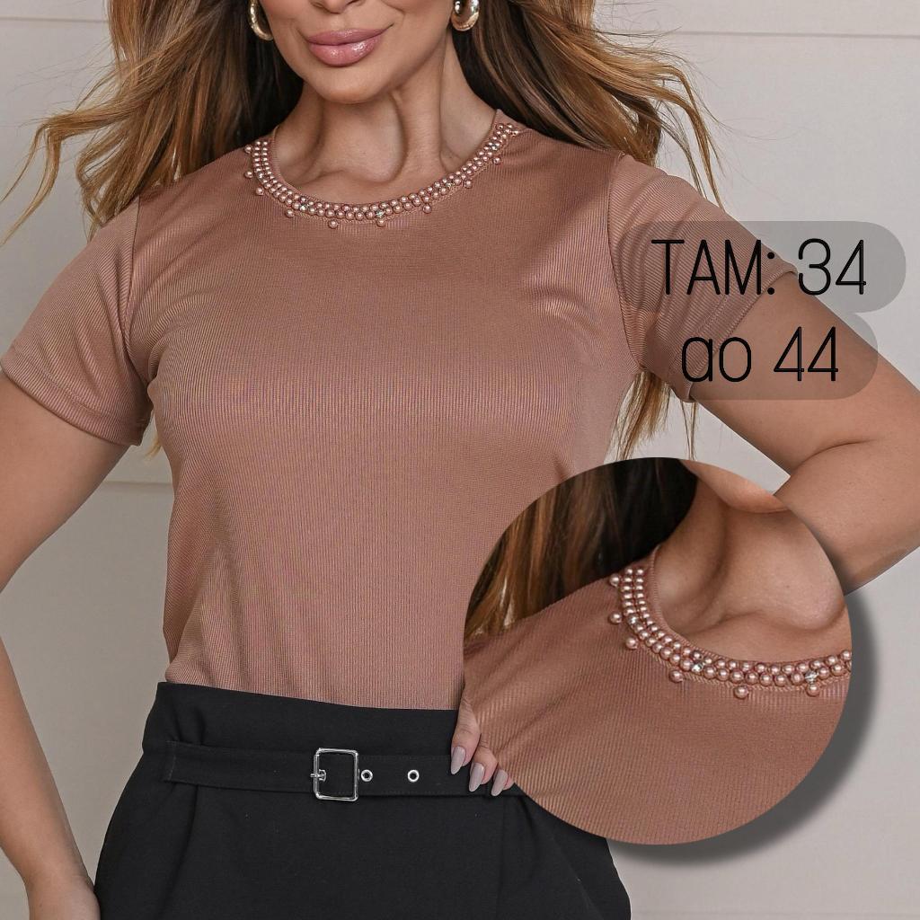 Blusa Feminina Canelada Ribana Premium com Pérolas Blogueirinha Zarah em Oferta na Shopee