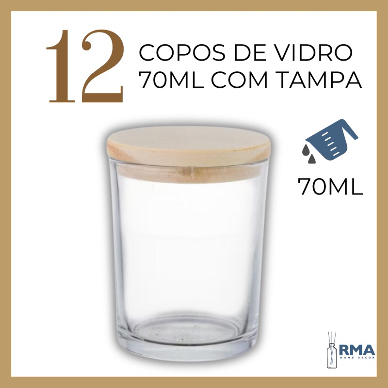 Kit 12 Potes Copos Pequenos de Vidro 70ml com Tampa de Madeira | Porta Velas, Aromatizador, Lembrancinhas