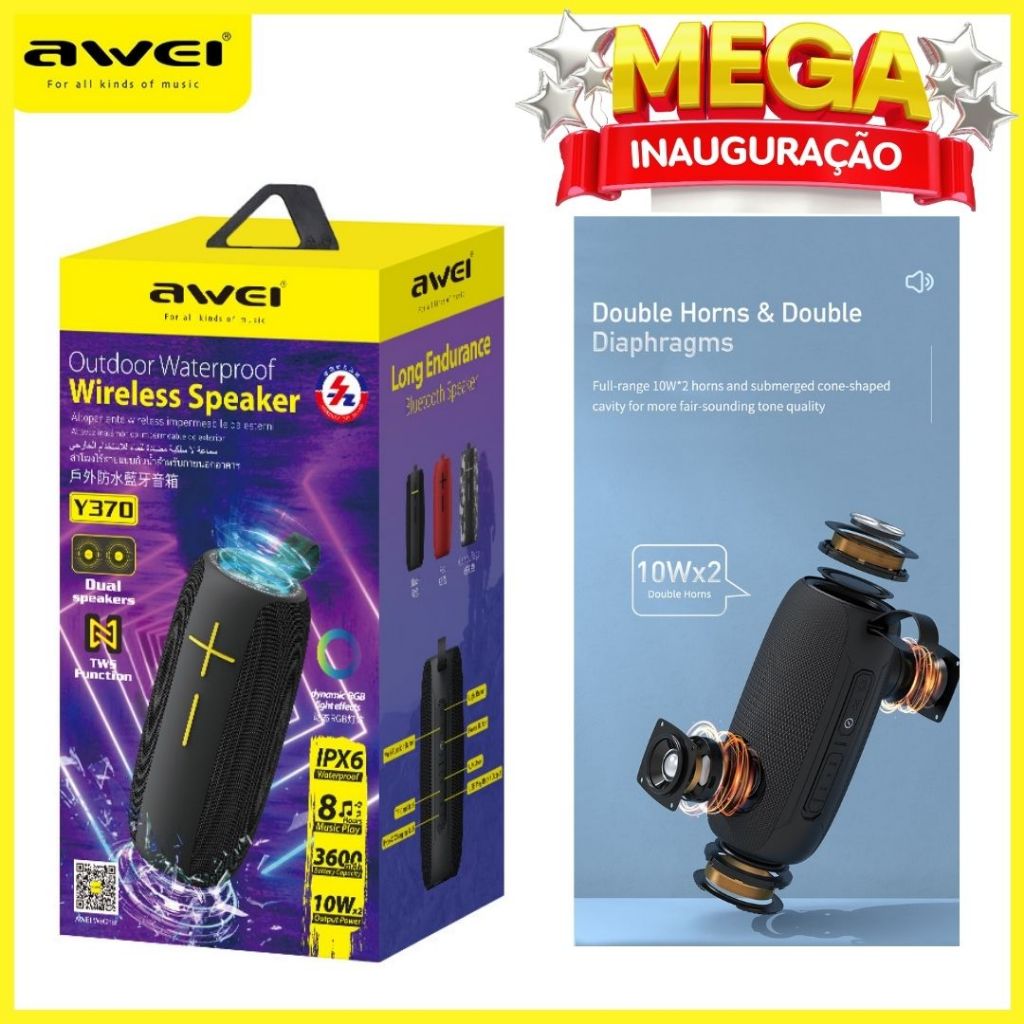 Caixa de Som com Powerbank sem fio Portátil IPX6 Y370 Awei