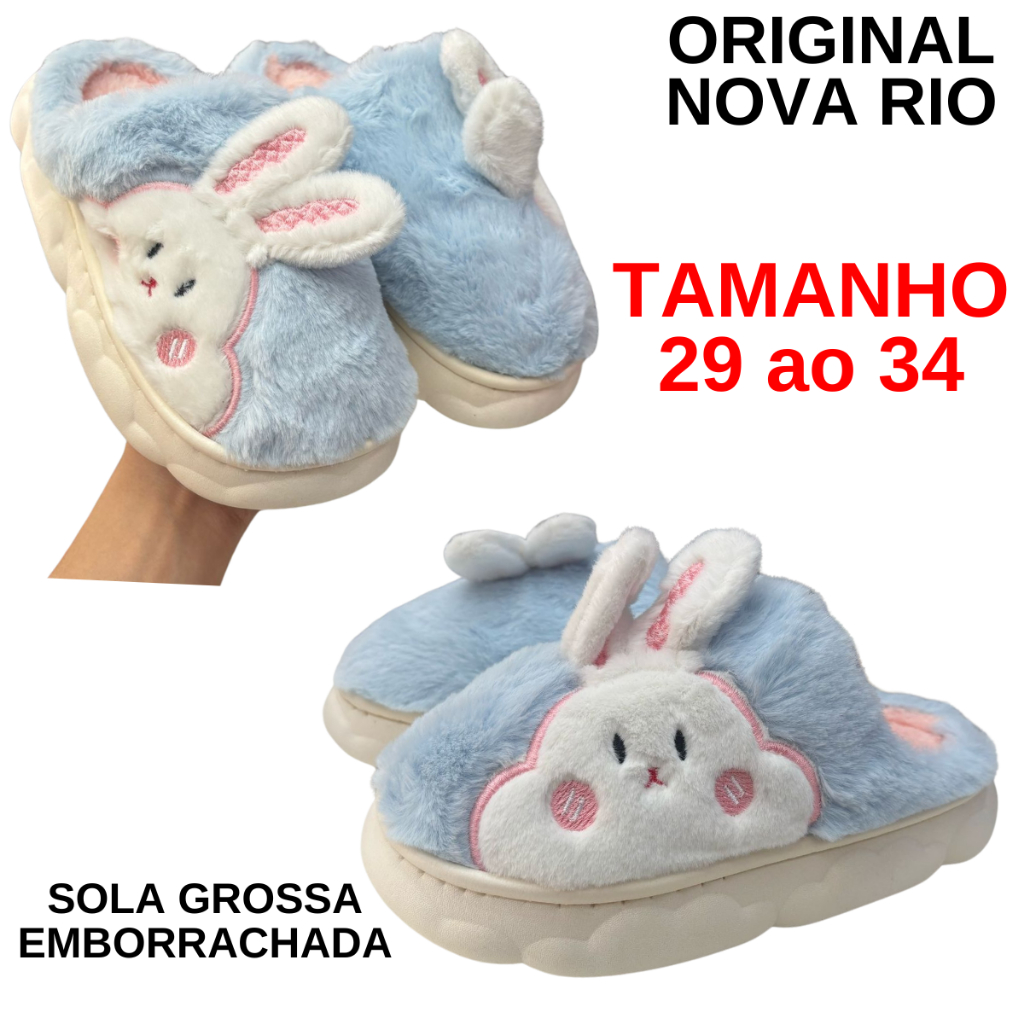Pantufa Inverno Infantil Coelho Sola Antiderrapante Azul Menina Chinelo de Quarto Tamanho 29-34 Com Orelhinha Pelúcia em Oferta na Shopee