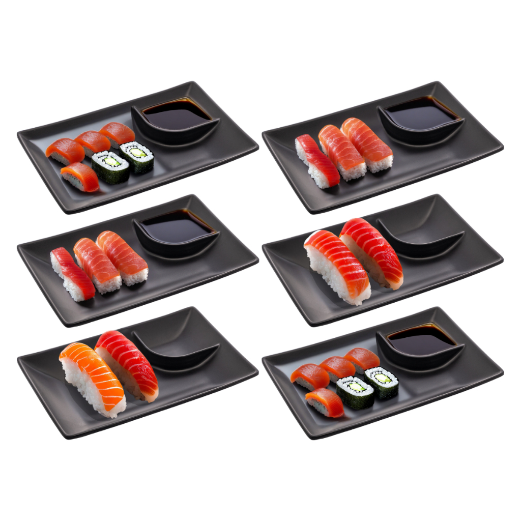 Kit 6 Pratos Travessa Melamina Sushi Comida Japonesa Molheira Restaurante Temaki Salmão Atum Wasabi