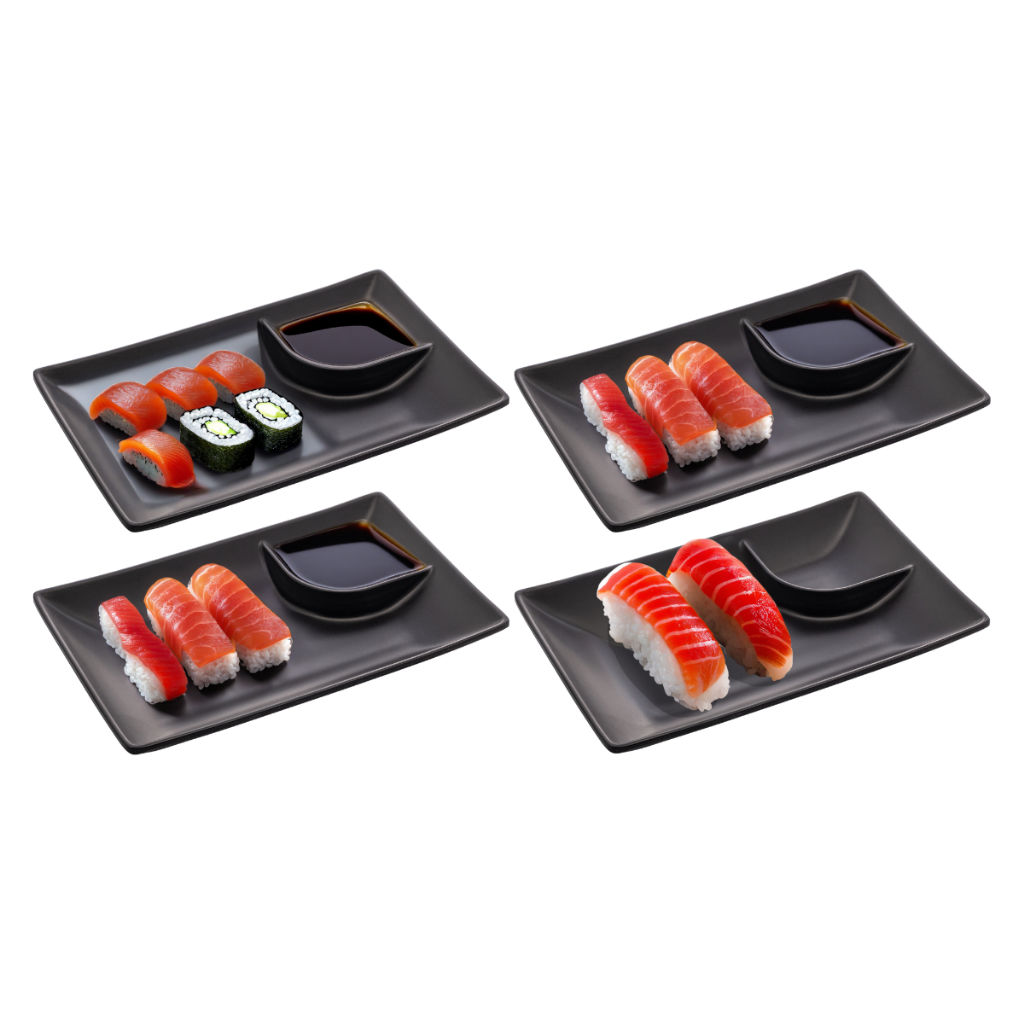 Kit Conj 4 Pratos Travessa C/ Molheira Sushi Comida Japonesa Em Melamina Retangular Multiuso Shoyu