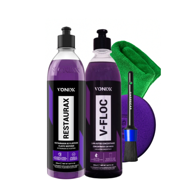 Kit Restaurax + V-Floc 500ml Vonixx | Renovador de Plásticos + Floculante Shampoo Neutro + Aplicador Toalha e Pincel em Oferta na Shopee