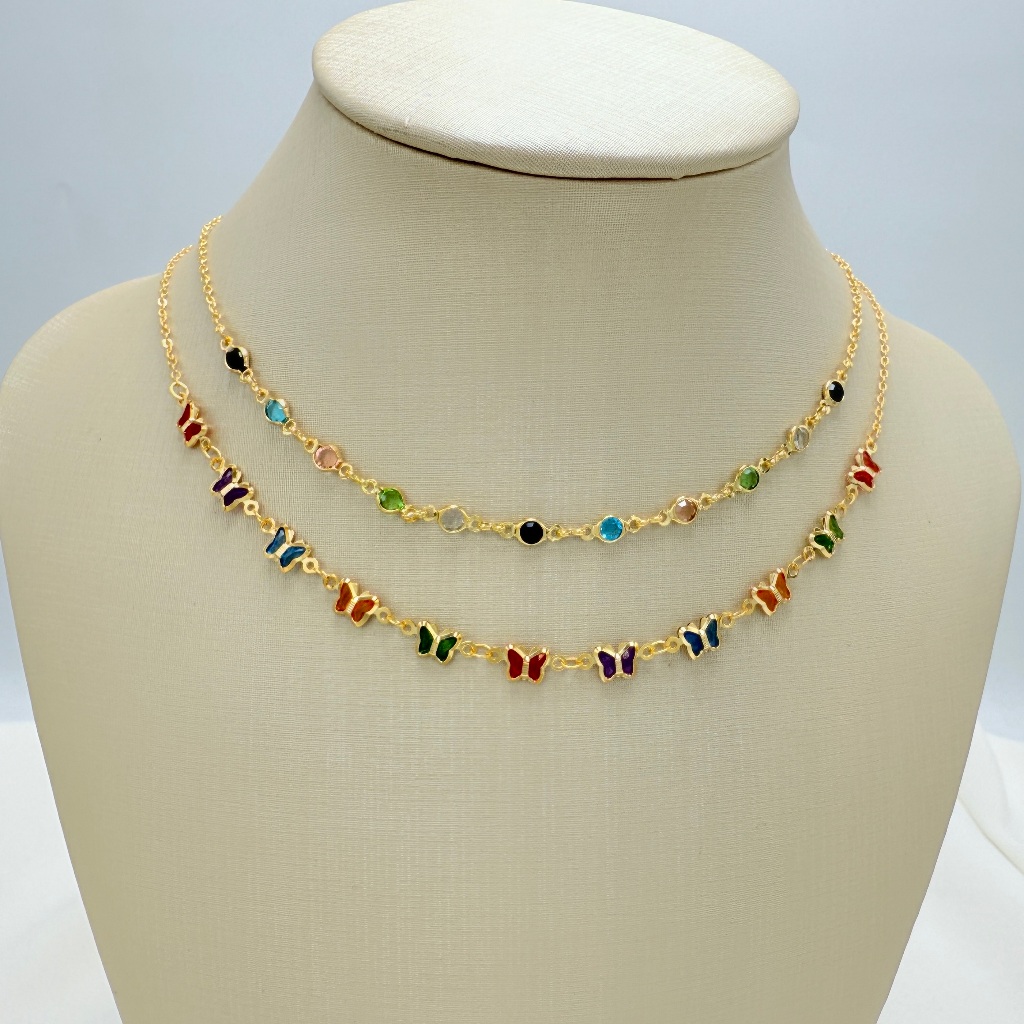 KIT 2 Choker Colorido redondo  + Colar Com coração e borboleta Prateado Folheado  A Prata 925 e ouro 18k