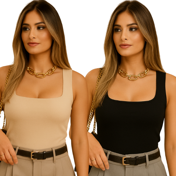 Kit 2 Body Feminino Decote Quadrado Alças Grossas Casual Elegante