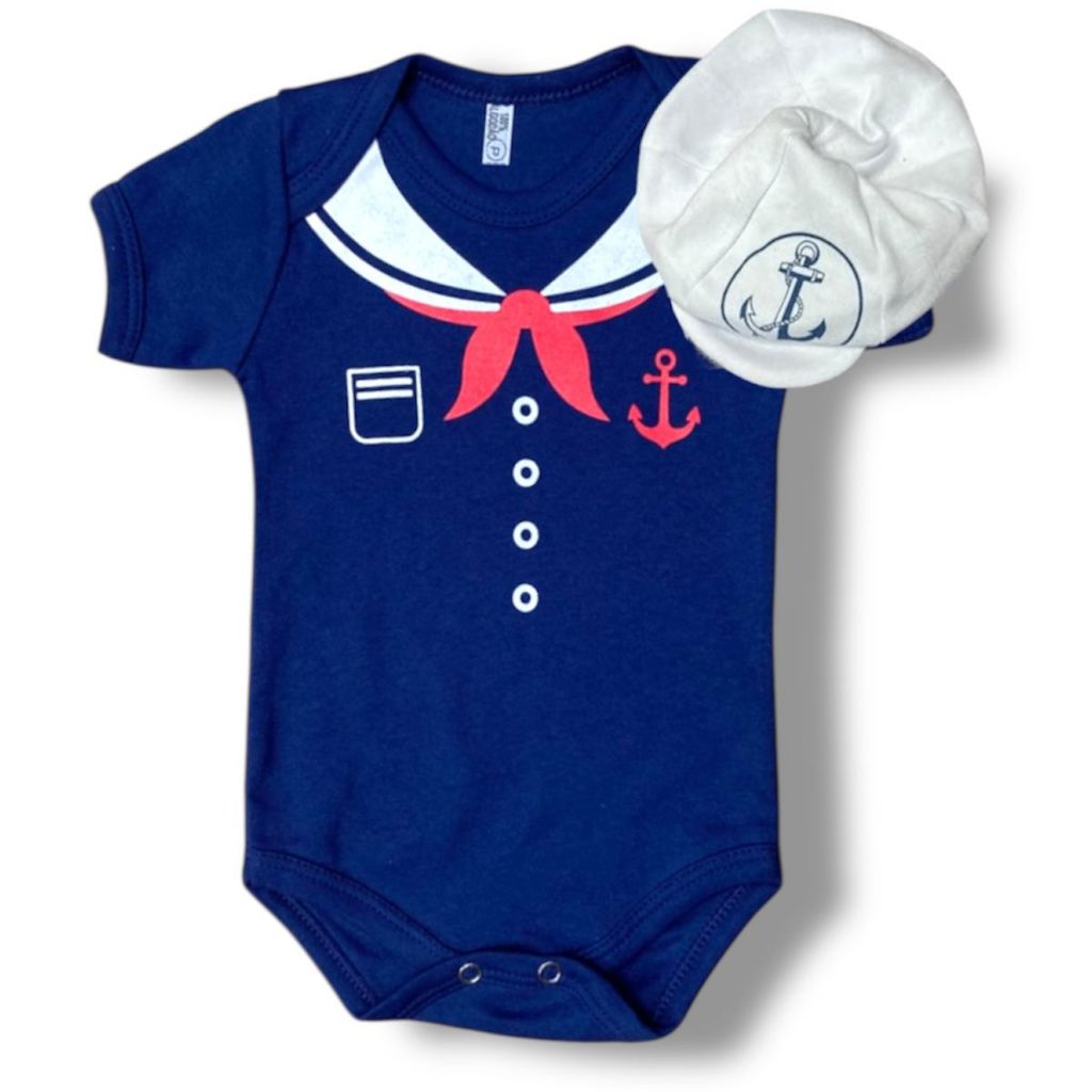 Kit Body Bebê Marinheiro + Boina Temática Mesversário Menino