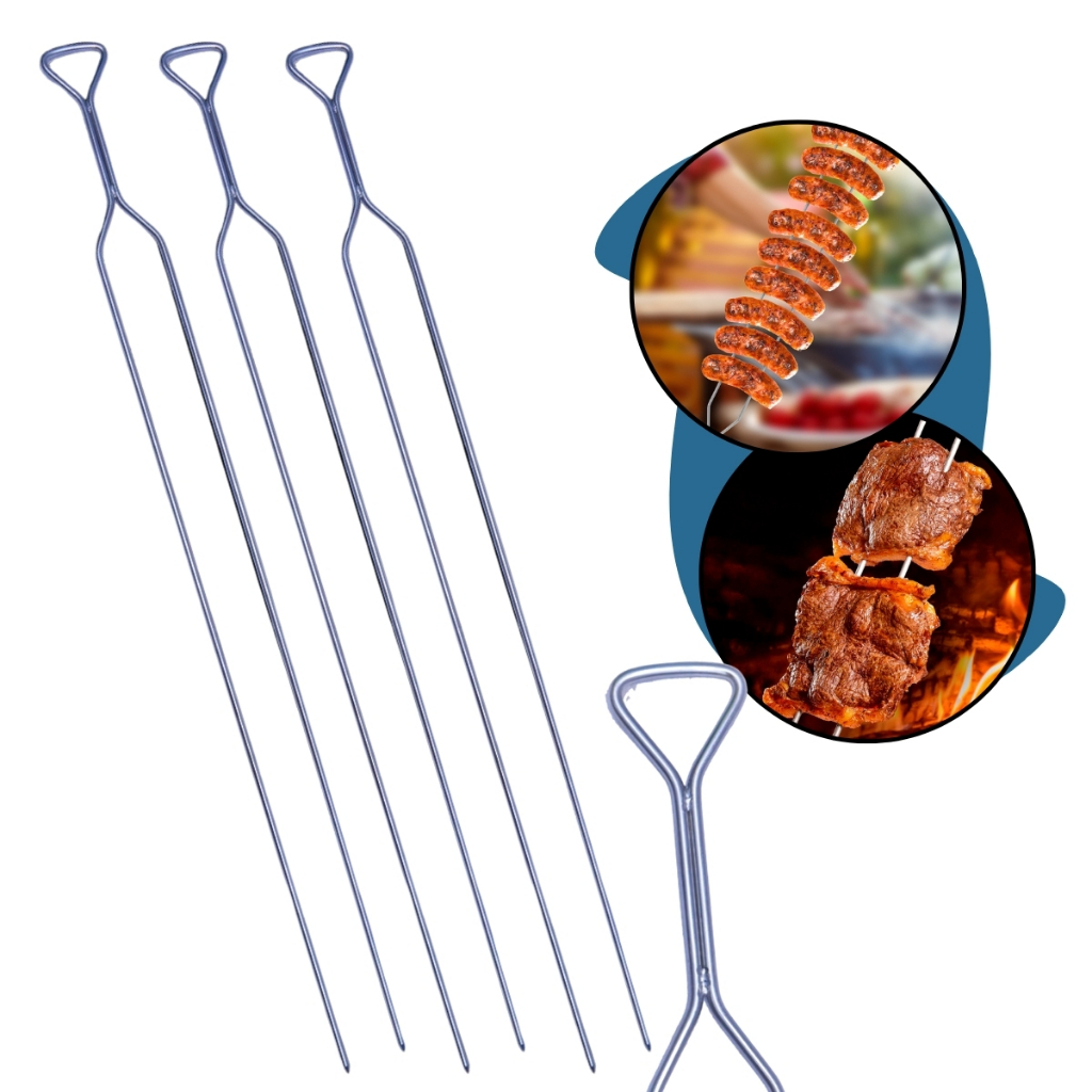 Kit Reforçado 3 Espetos Duplo Assar Aço Inox Inteiriço Suporte Cabo Dobrado Grill Carne Churrasco Costela Festa