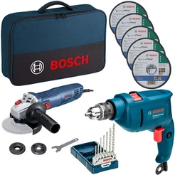 Kit Bosch 220V Furadeira GSB 450 RE + Esmerilhadeira GWS 700 + 5 Discos + 7 Brocas Concreto + Bolsa