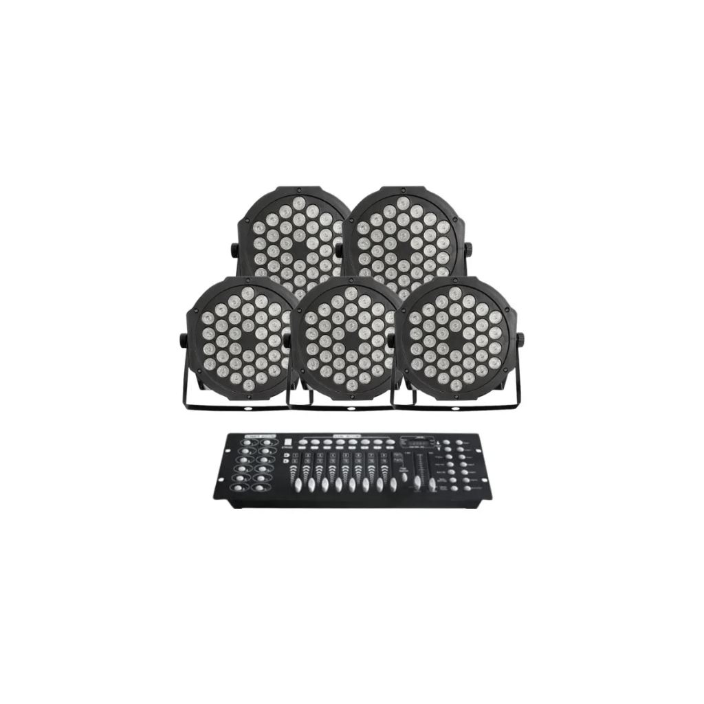 Kit 5 Canhão Refletor Rgbw 36 Leds Slim Dj Iluminação + Mesa Dmx