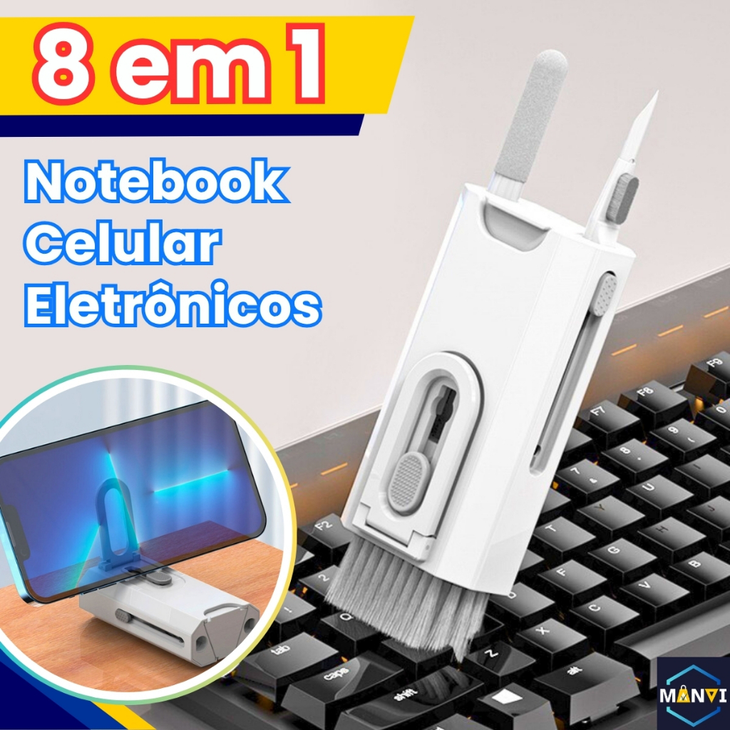 Kit Escova Limpeza Teclado Notebook Celular Fone Manutenção Multifuncional 8 em 1 Portátil Multiuso