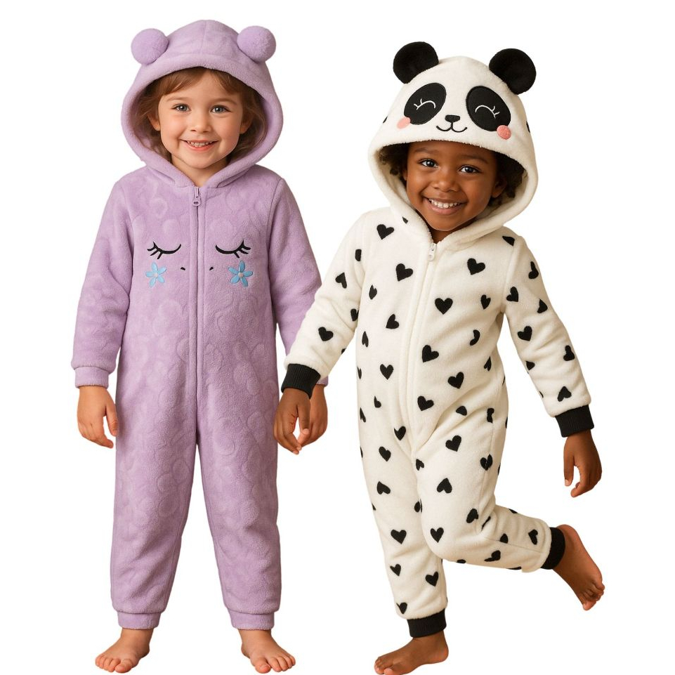 Pijama Macacão Bebê Menina em Fleece Temático Unicórnio ,Dinossauro, Panda, Urso – Super Quentinho e Confortável! em Oferta na Shopee