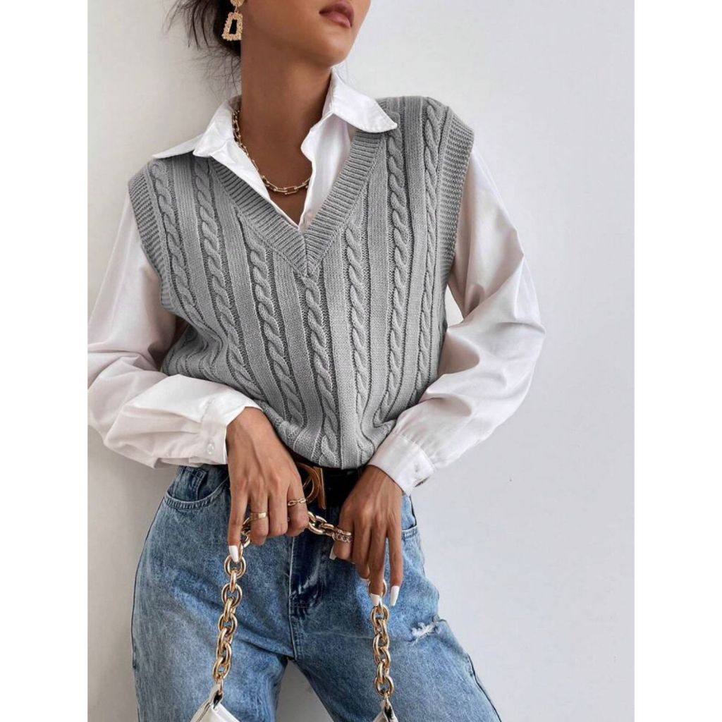 Colete detalhe tranças Pulover de tricô moda feminina inverno tendência blogueira
