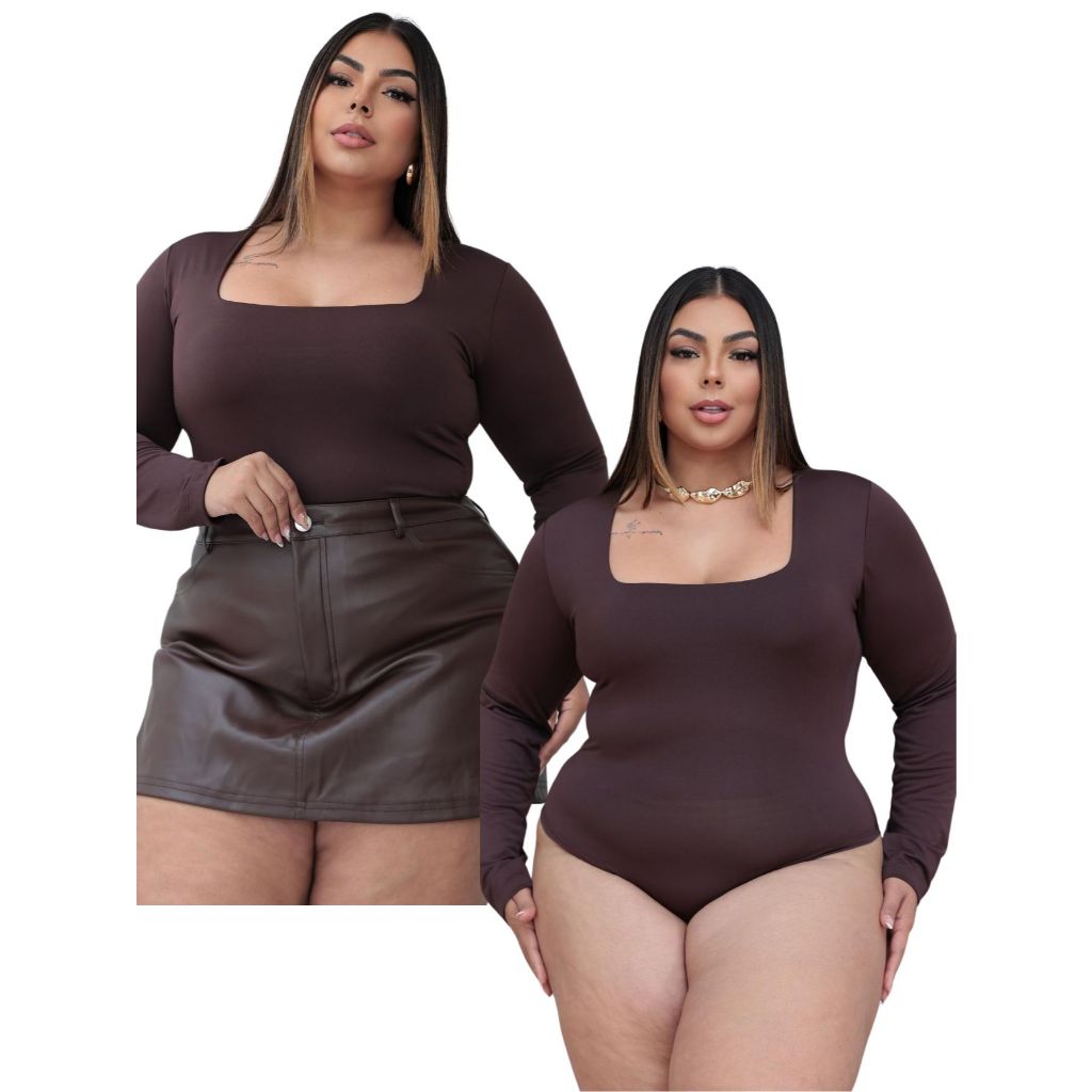 Body Feminino Plus Size Curve Manga Longa Decote Quadrado com Fecho em Oferta na Shopee