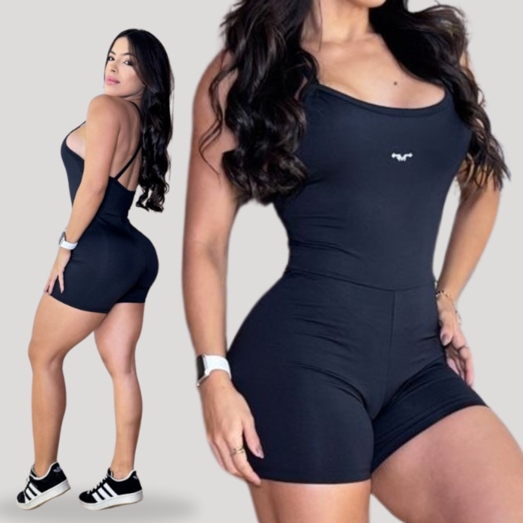 Macacão Fitness Feminino tecido Suplex premium Modelador Detalhes Costas macaquinho Treino Corrida academia crossfit top