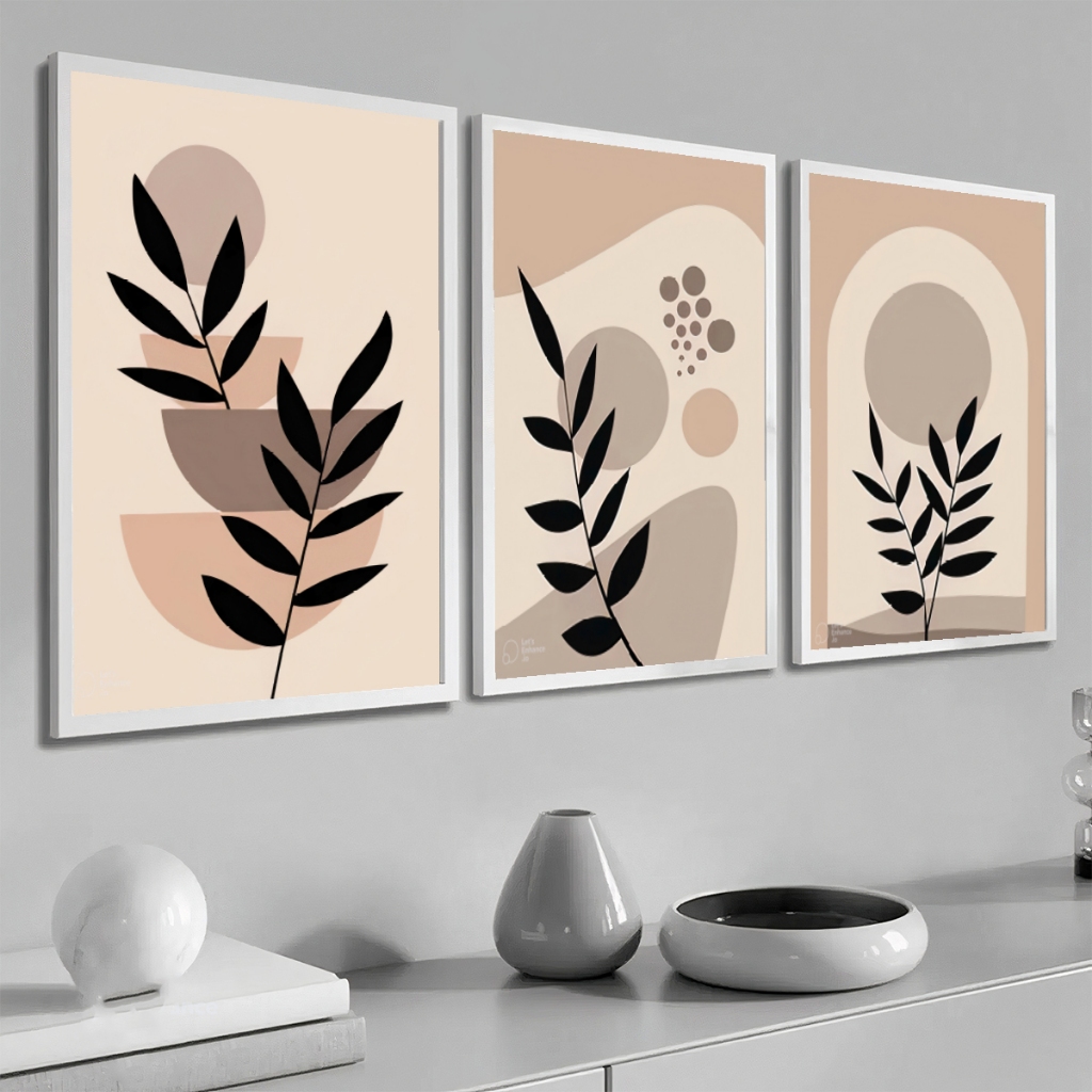 Trio Quadros Decorativos Folhagem Abstrato Com Moldura Grande Moderno Para Sala Quarto