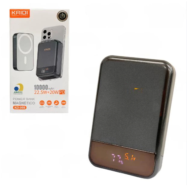 Carregador Por Indução Portátil Power Bank Magnético Kaidi KD 998 10000 mAh USB-A + USB-C