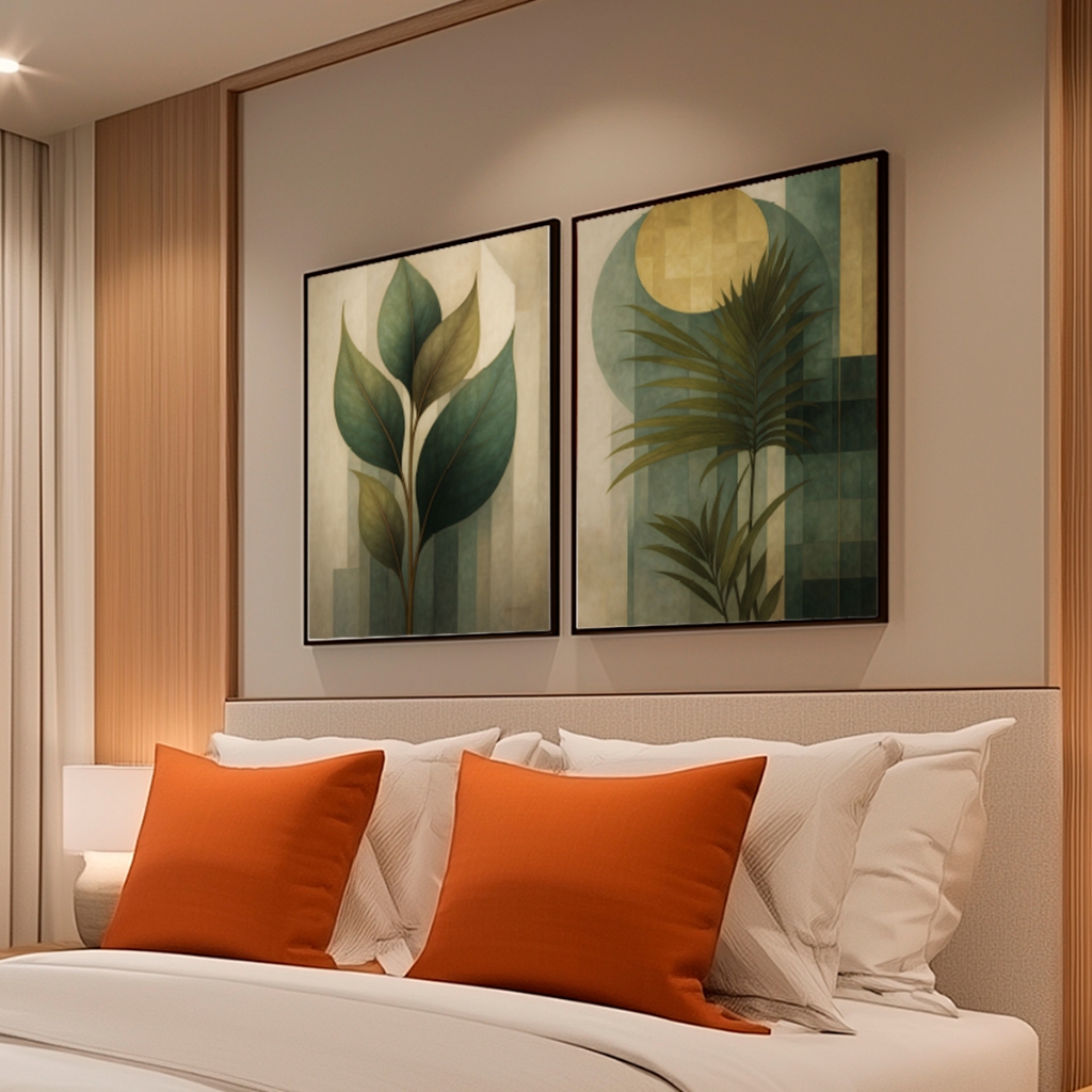 Kit 2 Quadros Decorativos Com Moldura 50x70 Folhagem Abstrata Grande Moderno Para Sala Quarto