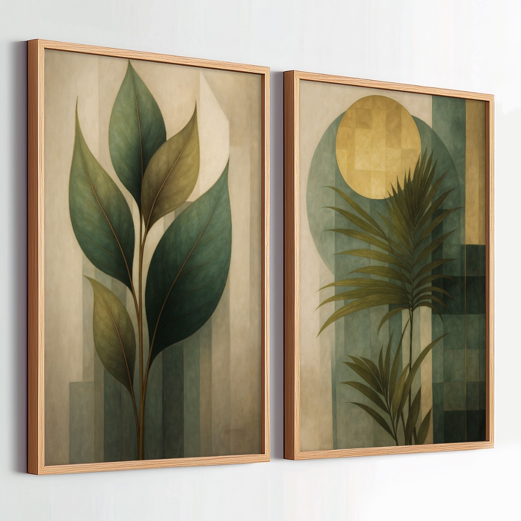 Kit 2 Quadros Decorativos Com Moldura 40x60 Folhagem Abstrata Grande Moderno Para Sala Quarto