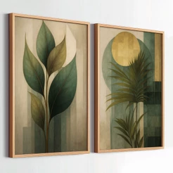 Kit 2 Quadros Decorativos Com Moldura 40x60 Folhagem Abstrata Grande Moderno Para Sala Quarto