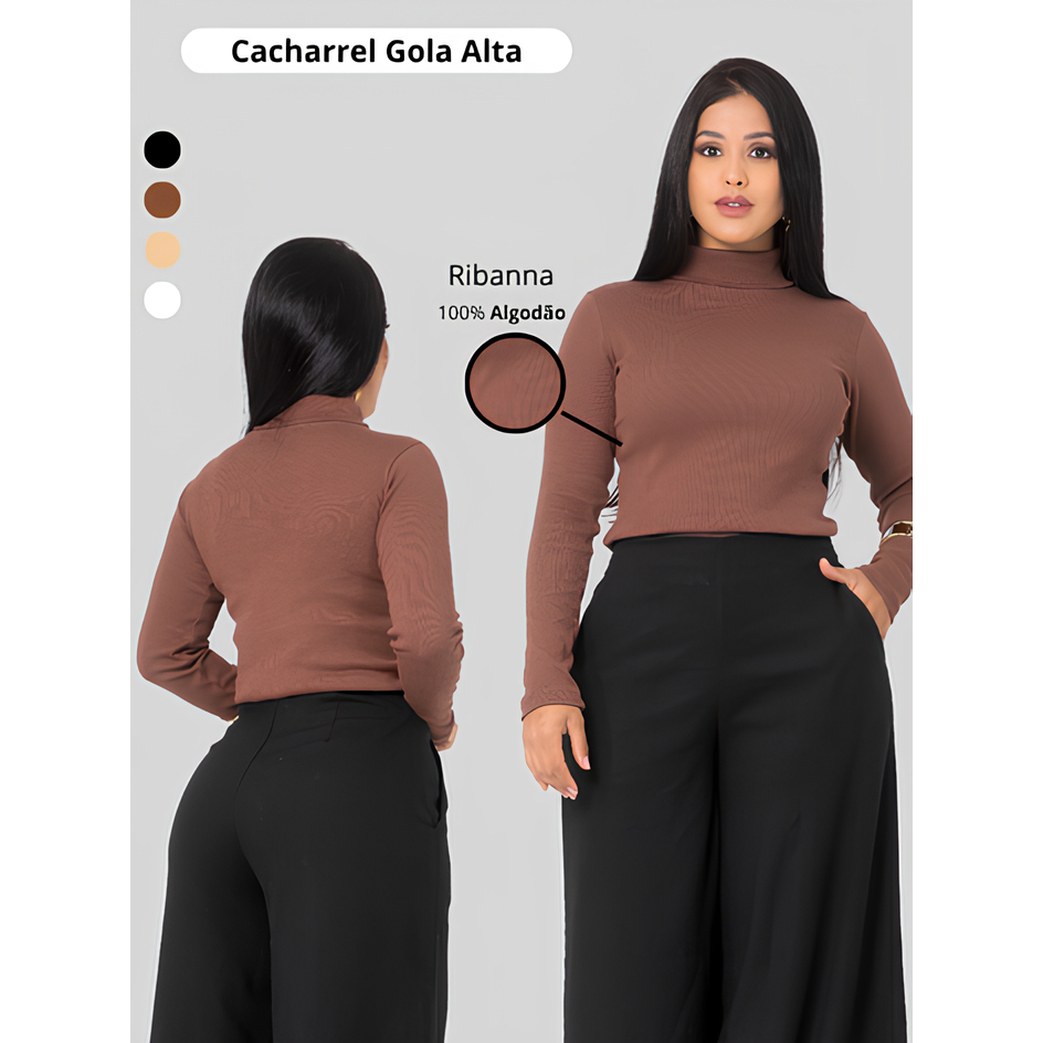 Blusa Cacharrel Feminina Gola Alta Ribana de algodão Inverno Manga Longa Canelada