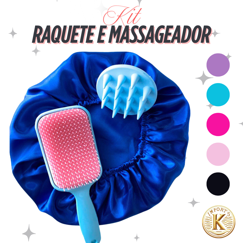 Kit de Escovas: Raquete Fashion + Escova Massageadora Silicone Touca Cetim De...