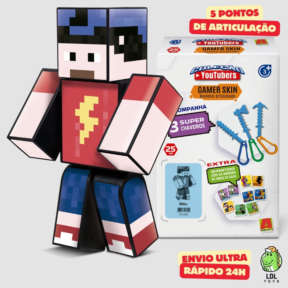 Boneco Aventuras de Mike 25cm Articulado Acompanha 3 Chaveiros Youtuber Original Algazarra