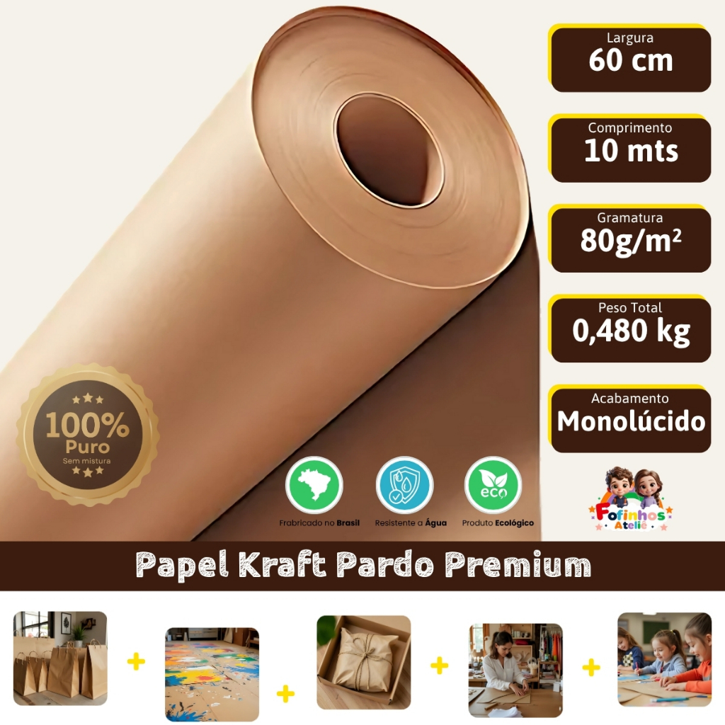 Papel Kraft 80g Com 60cm De Largura x 10 Metros De Comprimento Para Embalagem Monolúcido Premium