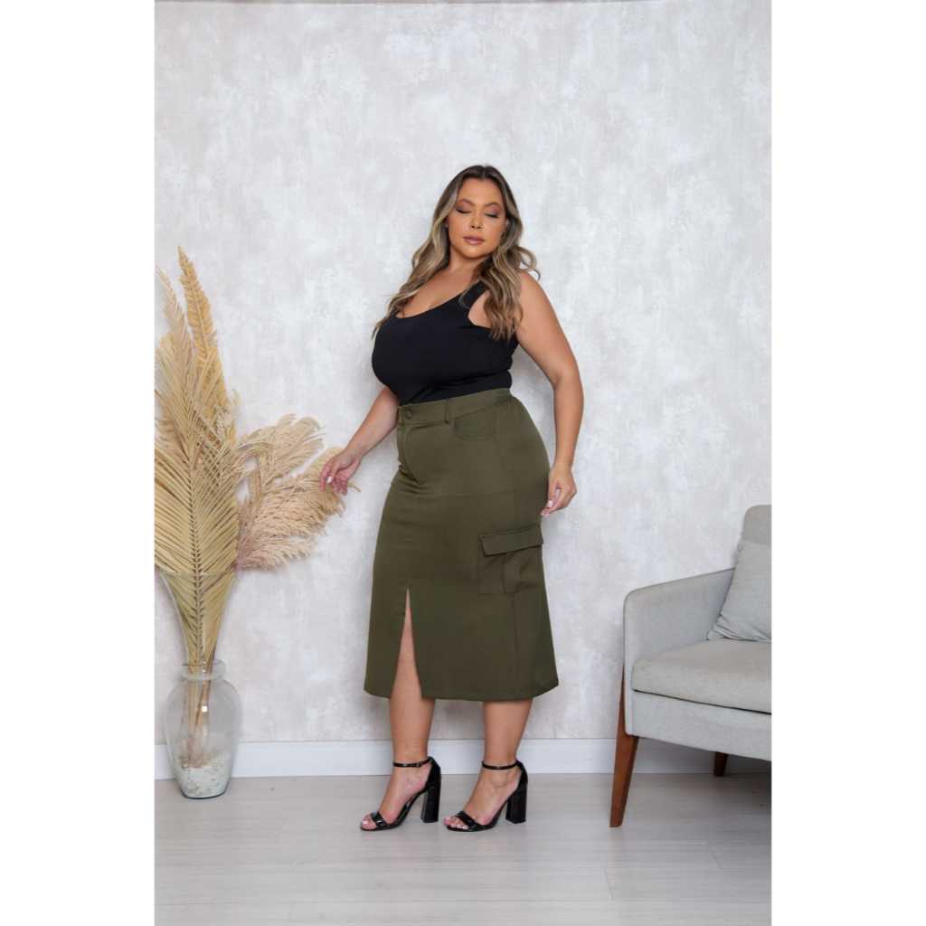 Saia longa Plus size Cintura Alta Com Elastano Reta com Fenda na Frente em Oferta na Shopee