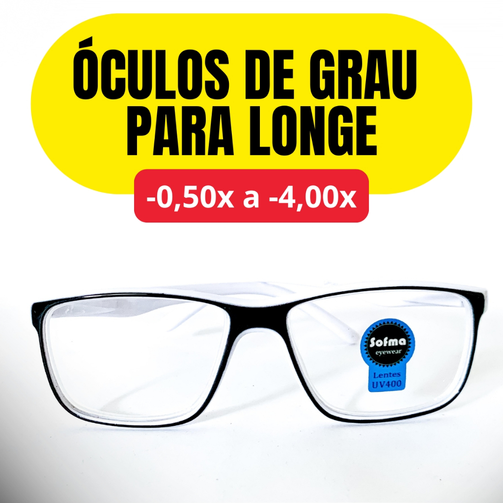 Óculos de Grau Miopia Visão Longe com Lente Pronta -0.50 a -4,00 Unissex Leve Confortável Branco e Várias Cores