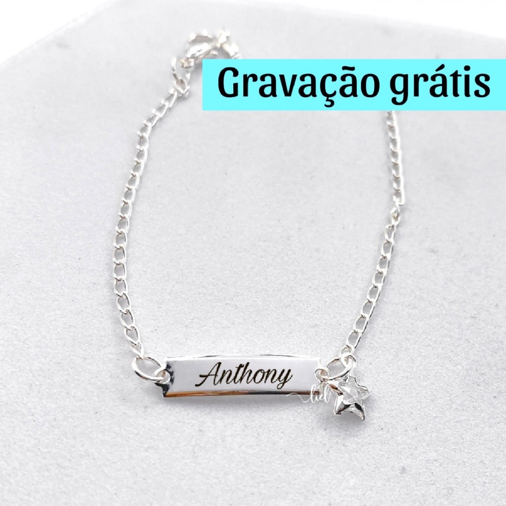 Pulseira Infantil Prata Com Pingente De Estrela Bebê RN Personalizada Com Gravação Nome