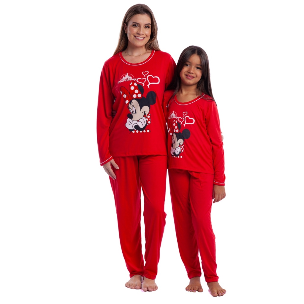 Kit 2 Pijamas Tal Mae Tal Filha  Longo Inverno Feminino Mãe e Filha Personagens Minnie e Stitch Promoção