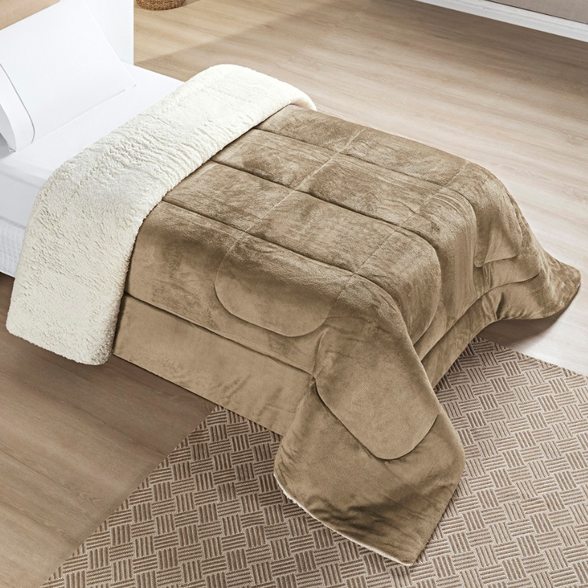 Coberdrom Solteiro Cobertor Edredom Pele Carneiro Cor Bege Avelã