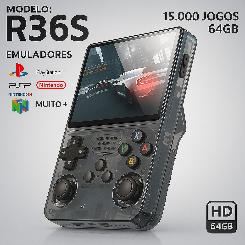 Mini Video Game Portatil Console R36S + de 15.000 Jogos 64g Linux Tela IPS 3.5 Polegadas