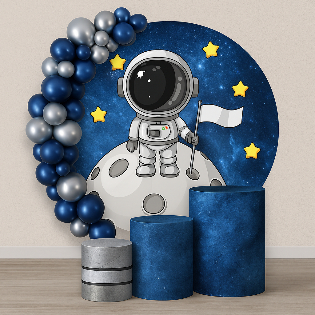 Trio Capas de Cilindros + Painel Veste Fácil Astronauta – Decoração Tema Festa | Aniversários em Oferta na Shopee