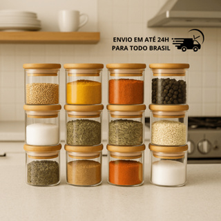 Kit 12 Potes de Vidro 200ml com Tampa de Bambu Hermético Mantimentos Condimentos Empilhaveis em Oferta na Shopee